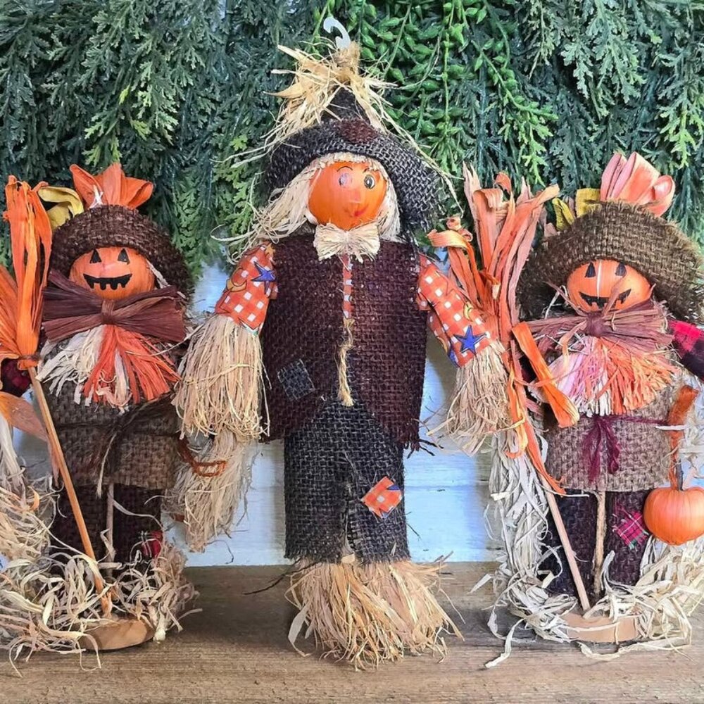 3 Vintage Scarecrow Jack-o-lantern Fall Harvest Halloween Figurine Decorations